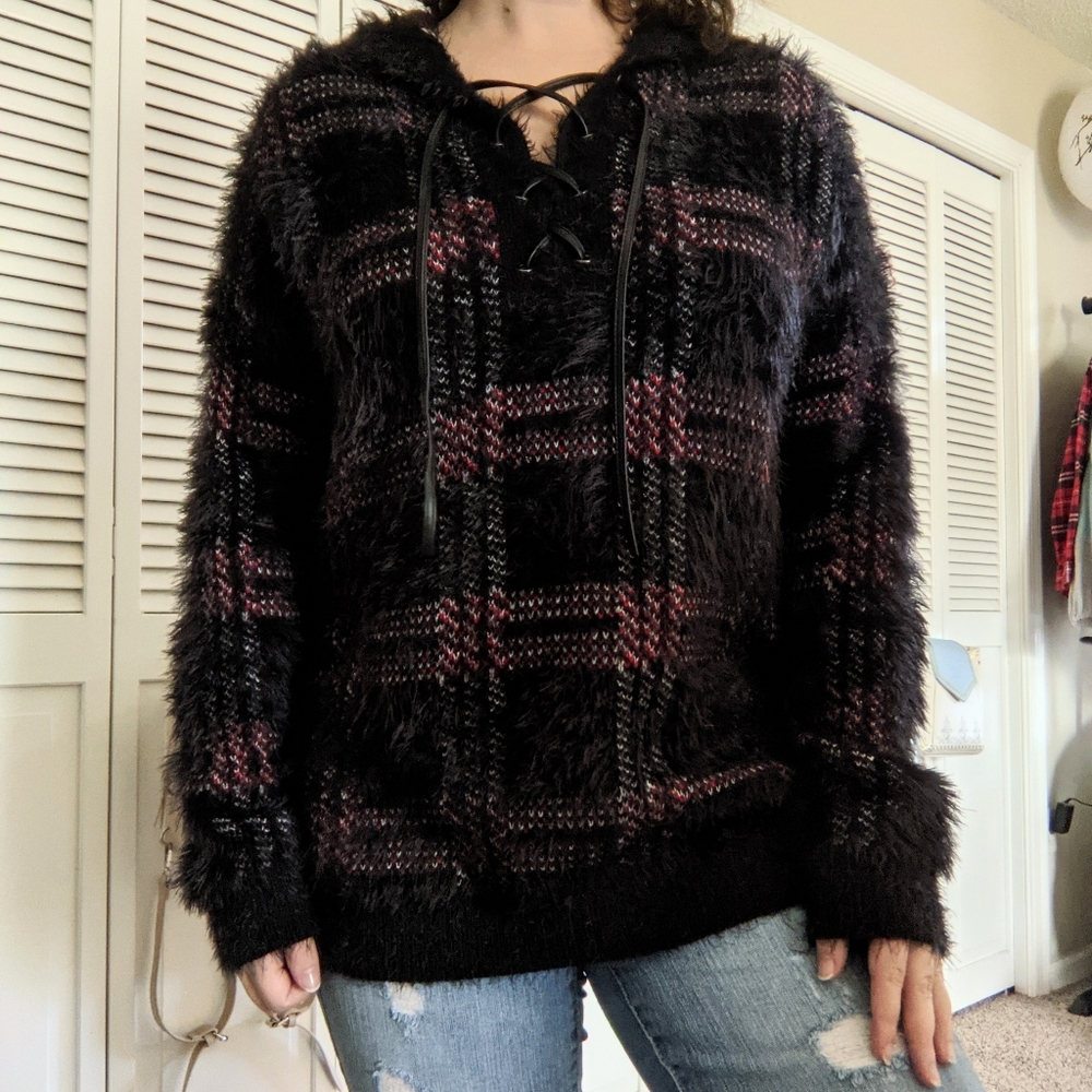 NEW Fuzzy Plaid Lace Up Pullover Hooded Sweater